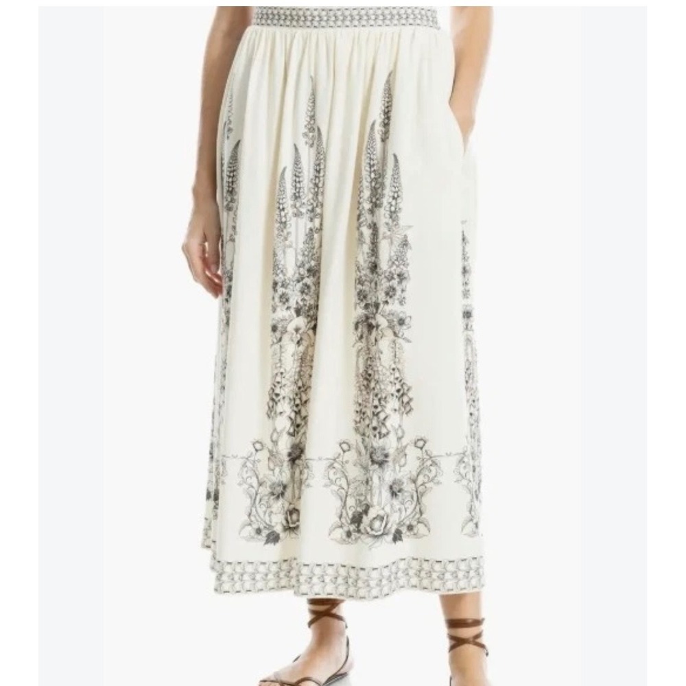 New Max Studio London Floral Midi Skirt Cream Black Smocked Waist Pockets Size M